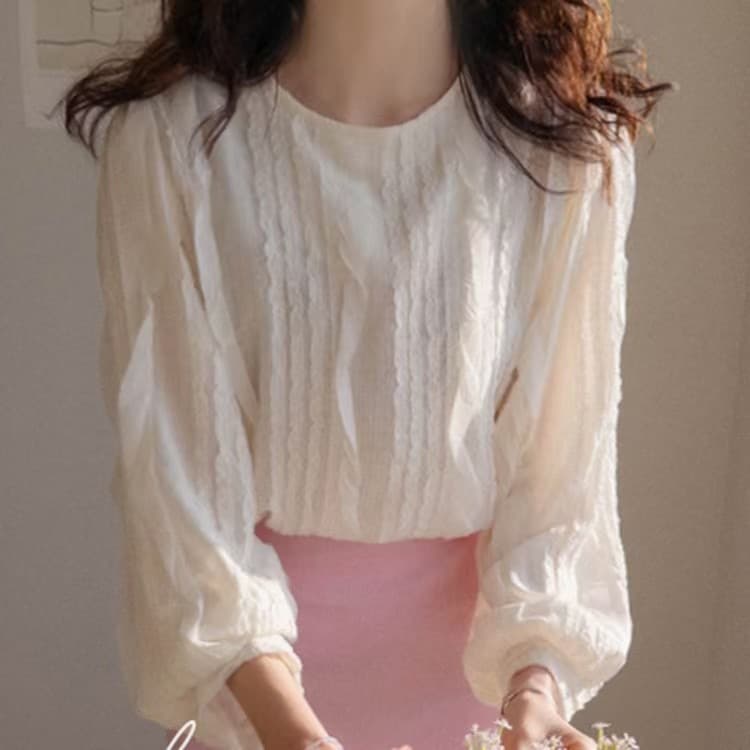 재고 있음 한 부서 빛 요리 한 프릴 패치워크 라운드 넥 긴팔 쉬폰 블라우스 셔츠
