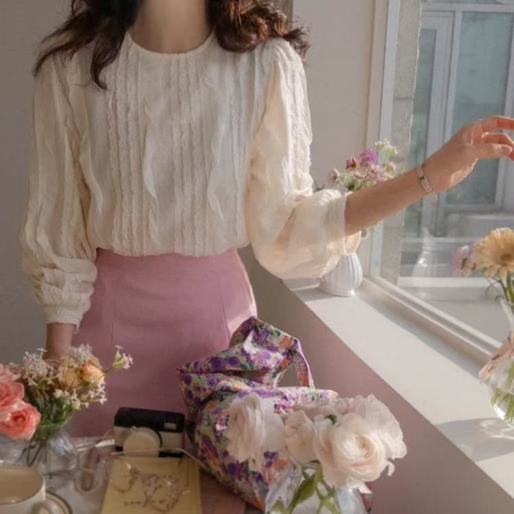 재고 있음 한 부서 빛 요리 한 프릴 패치워크 라운드 넥 긴팔 쉬폰 블라우스 셔츠 상세 이미지 2