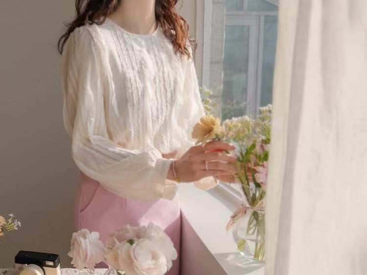 재고 있음 한 부서 빛 요리 한 프릴 패치워크 라운드 넥 긴팔 쉬폰 블라우스 셔츠 상세 이미지 3