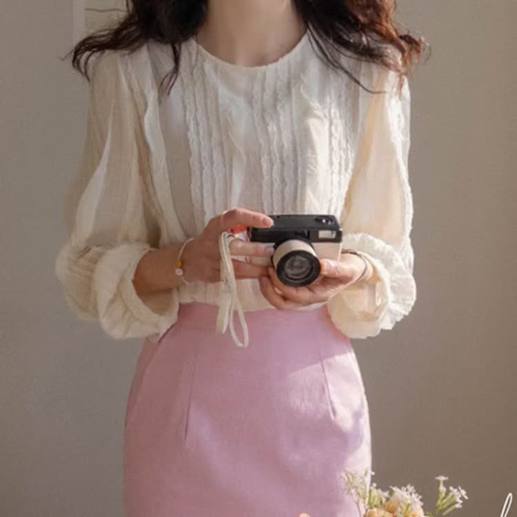 재고 있음 한 부서 빛 요리 한 프릴 패치워크 라운드 넥 긴팔 쉬폰 블라우스 셔츠 상세 이미지 4