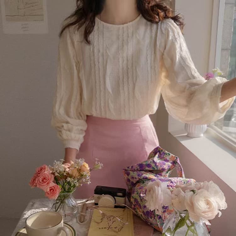 재고 있음 한 부서 빛 요리 한 프릴 패치워크 라운드 넥 긴팔 쉬폰 블라우스 셔츠 상세 이미지 5