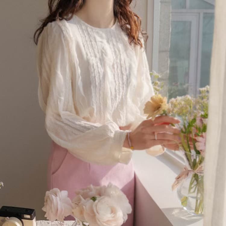 재고 있음 한 부서 빛 요리 한 프릴 패치워크 라운드 넥 긴팔 쉬폰 블라우스 셔츠 상세 이미지 6
