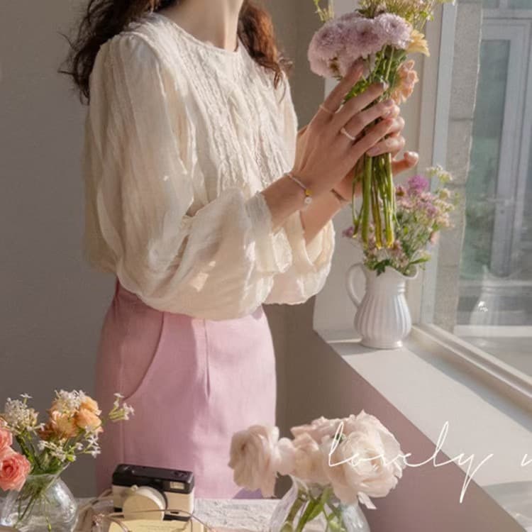 재고 있음 한 부서 빛 요리 한 프릴 패치워크 라운드 넥 긴팔 쉬폰 블라우스 셔츠 상세 이미지 7