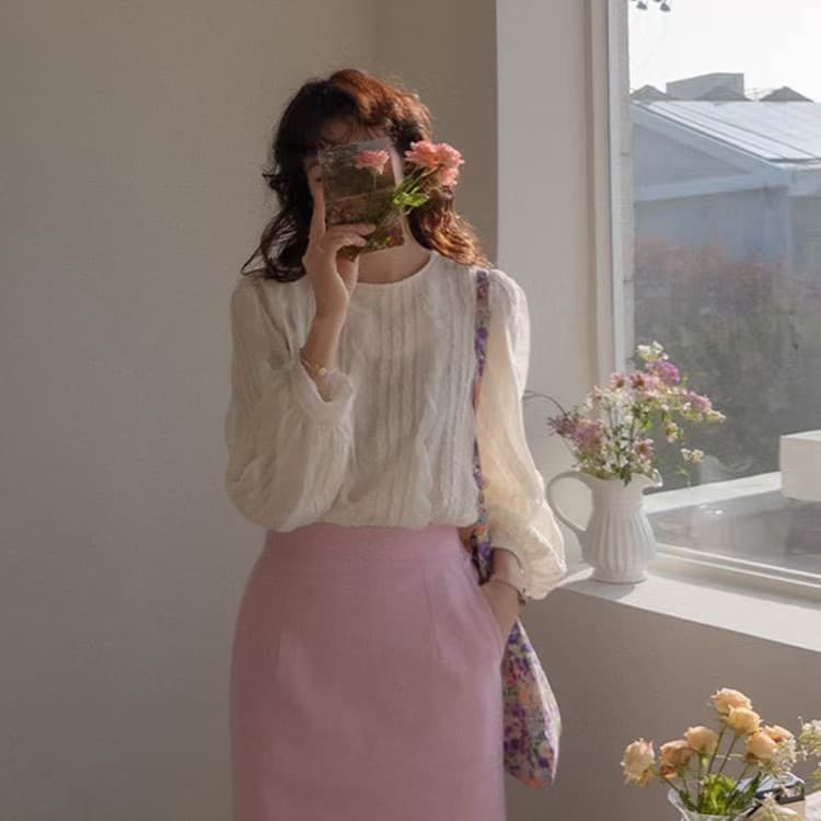 재고 있음 한 부서 빛 요리 한 프릴 패치워크 라운드 넥 긴팔 쉬폰 블라우스 셔츠 상세 이미지 8
