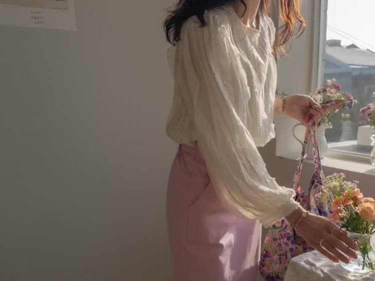 재고 있음 한 부서 빛 요리 한 프릴 패치워크 라운드 넥 긴팔 쉬폰 블라우스 셔츠 상세 이미지 9