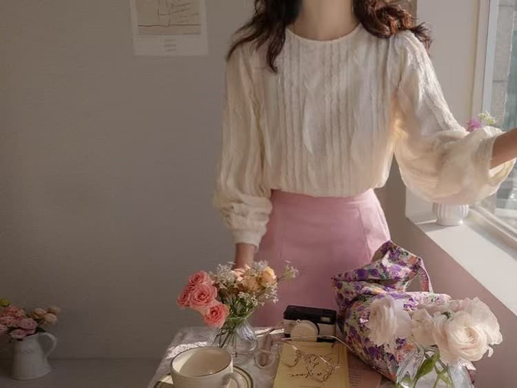 재고 있음 한 부서 빛 요리 한 프릴 패치워크 라운드 넥 긴팔 쉬폰 블라우스 셔츠 상세 이미지 10