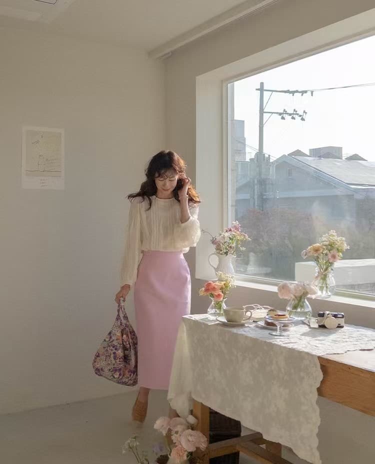 재고 있음 한 부서 빛 요리 한 프릴 패치워크 라운드 넥 긴팔 쉬폰 블라우스 셔츠 상세 이미지 11
