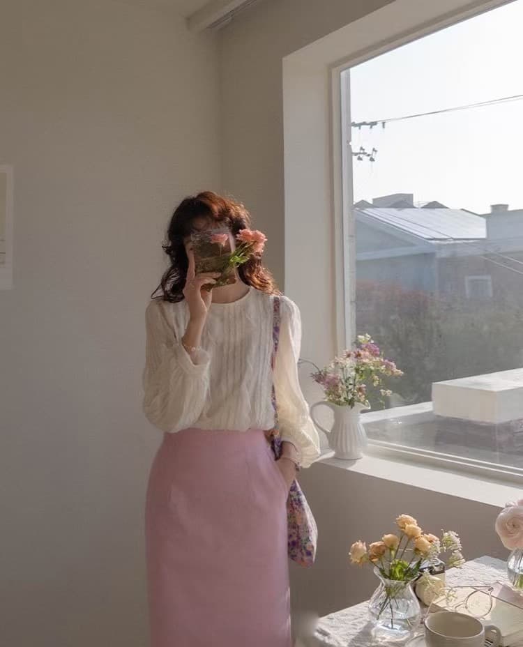 재고 있음 한 부서 빛 요리 한 프릴 패치워크 라운드 넥 긴팔 쉬폰 블라우스 셔츠 상세 이미지 12