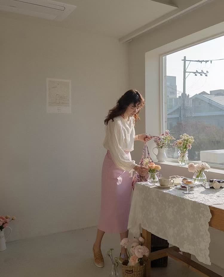 재고 있음 한 부서 빛 요리 한 프릴 패치워크 라운드 넥 긴팔 쉬폰 블라우스 셔츠 상세 이미지 13