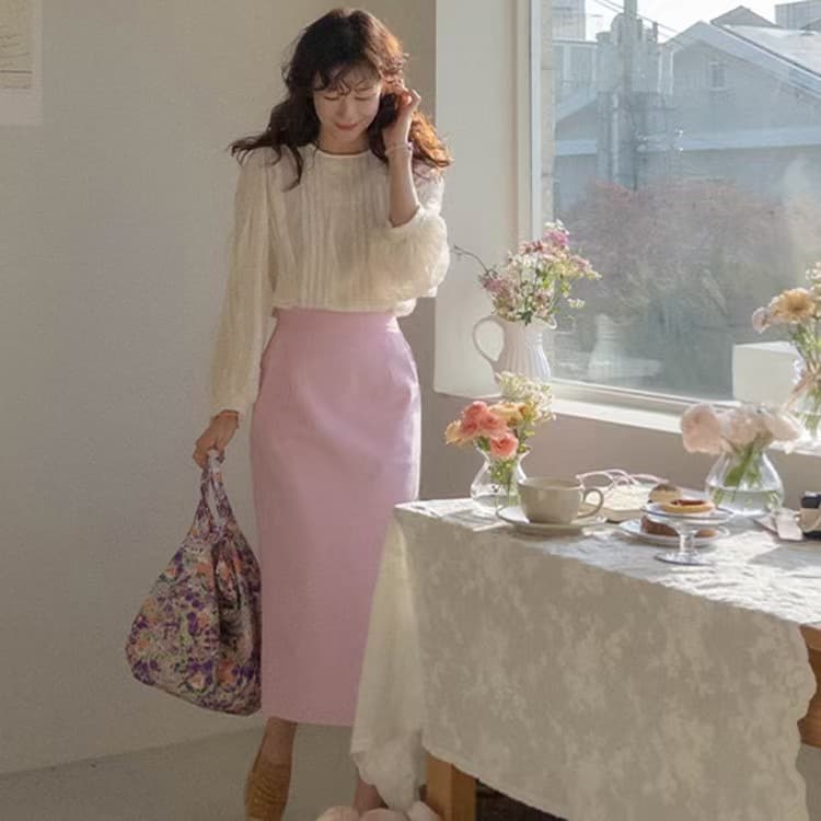 재고 있음 한 부서 빛 요리 한 프릴 패치워크 라운드 넥 긴팔 쉬폰 블라우스 셔츠 상세 이미지 17