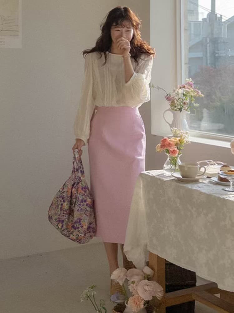 재고 있음 한 부서 빛 요리 한 프릴 패치워크 라운드 넥 긴팔 쉬폰 블라우스 셔츠 상세 이미지 18