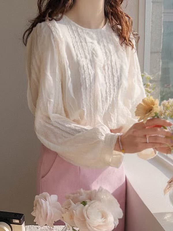 재고 있음 한 부서 빛 요리 한 프릴 패치워크 라운드 넥 긴팔 쉬폰 블라우스 셔츠 상세 이미지 22