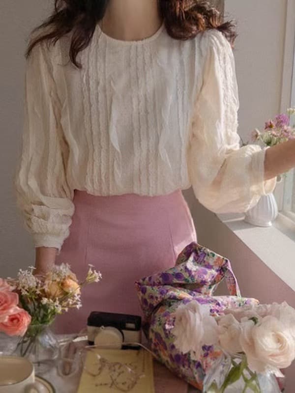 재고 있음 한 부서 빛 요리 한 프릴 패치워크 라운드 넥 긴팔 쉬폰 블라우스 셔츠 상세 이미지 23