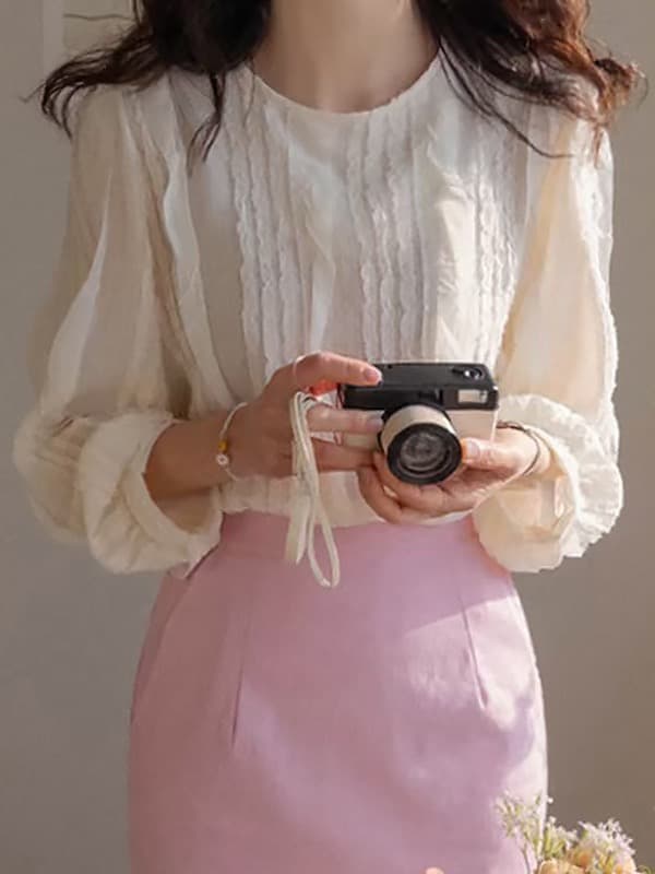 재고 있음 한 부서 빛 요리 한 프릴 패치워크 라운드 넥 긴팔 쉬폰 블라우스 셔츠 상세 이미지 24