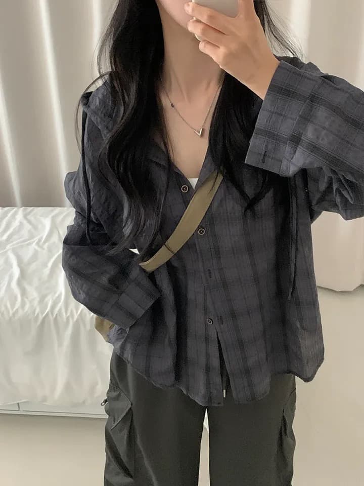 재고 있음 한국 스타일 다용도 체크무늬 후드 셔츠 여성 코트 자외선 차단 체크무늬 긴팔 셔츠 상세 이미지 2