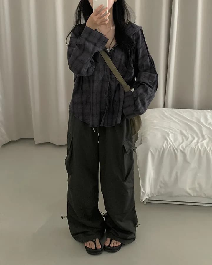 재고 있음 한국 스타일 다용도 체크무늬 후드 셔츠 여성 코트 자외선 차단 체크무늬 긴팔 셔츠 상세 이미지 3