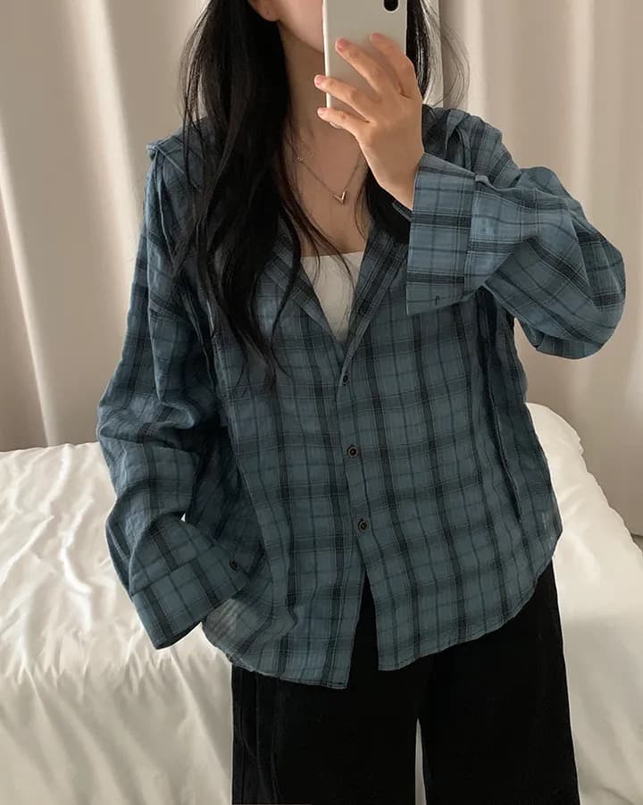 재고 있음 한국 스타일 다용도 체크무늬 후드 셔츠 여성 코트 자외선 차단 체크무늬 긴팔 셔츠 상세 이미지 10