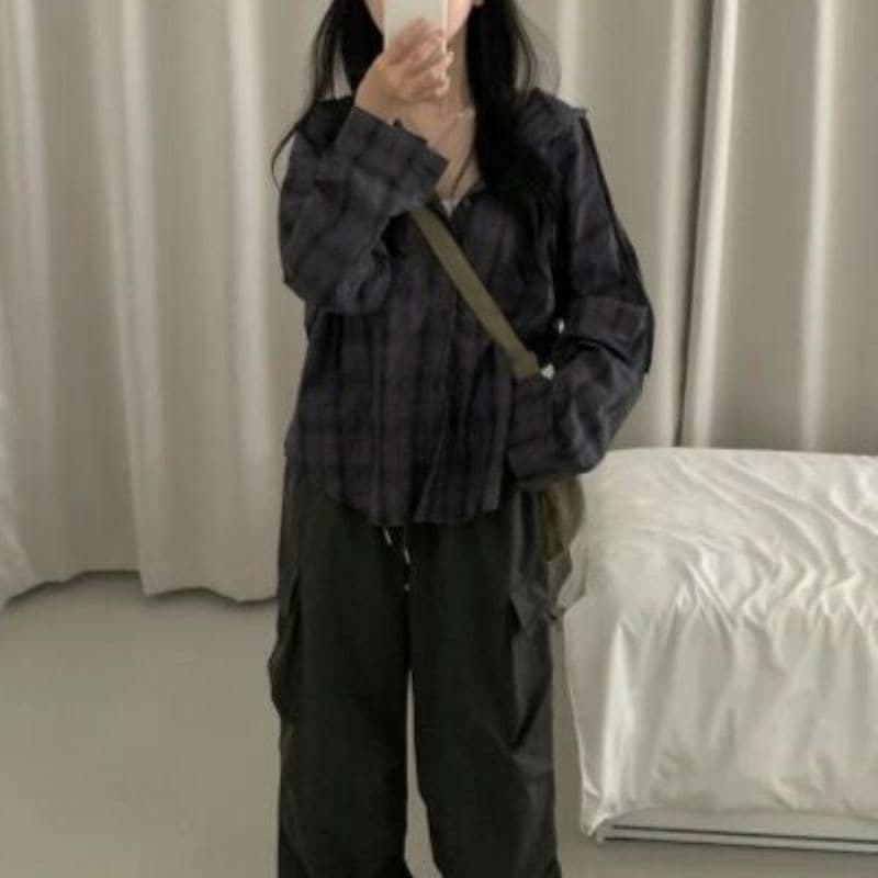 재고 있음 한국 스타일 다용도 체크무늬 후드 셔츠 여성 코트 자외선 차단 체크무늬 긴팔 셔츠 상세 이미지 12
