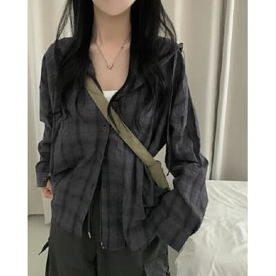 재고 있음 한국 스타일 다용도 체크무늬 후드 셔츠 여성 코트 자외선 차단 체크무늬 긴팔 셔츠 상세 이미지 15