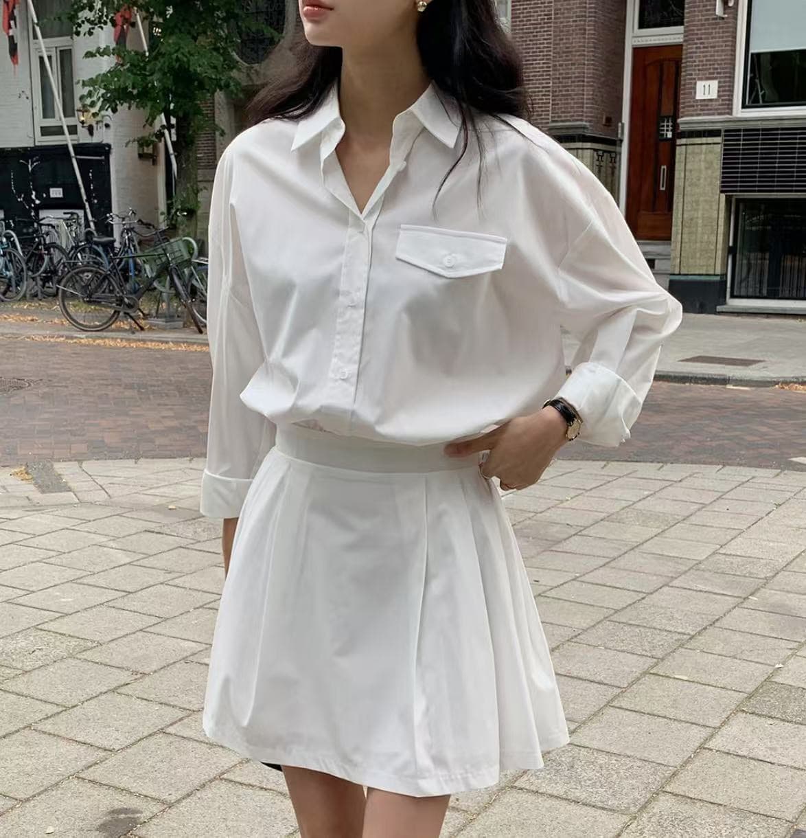 재고 있음 한국 chic 프랑스식 폴로 칼라 허리 수축 슬림해 보이는 긴팔 스트라이프 여성 드레스 이미지 2