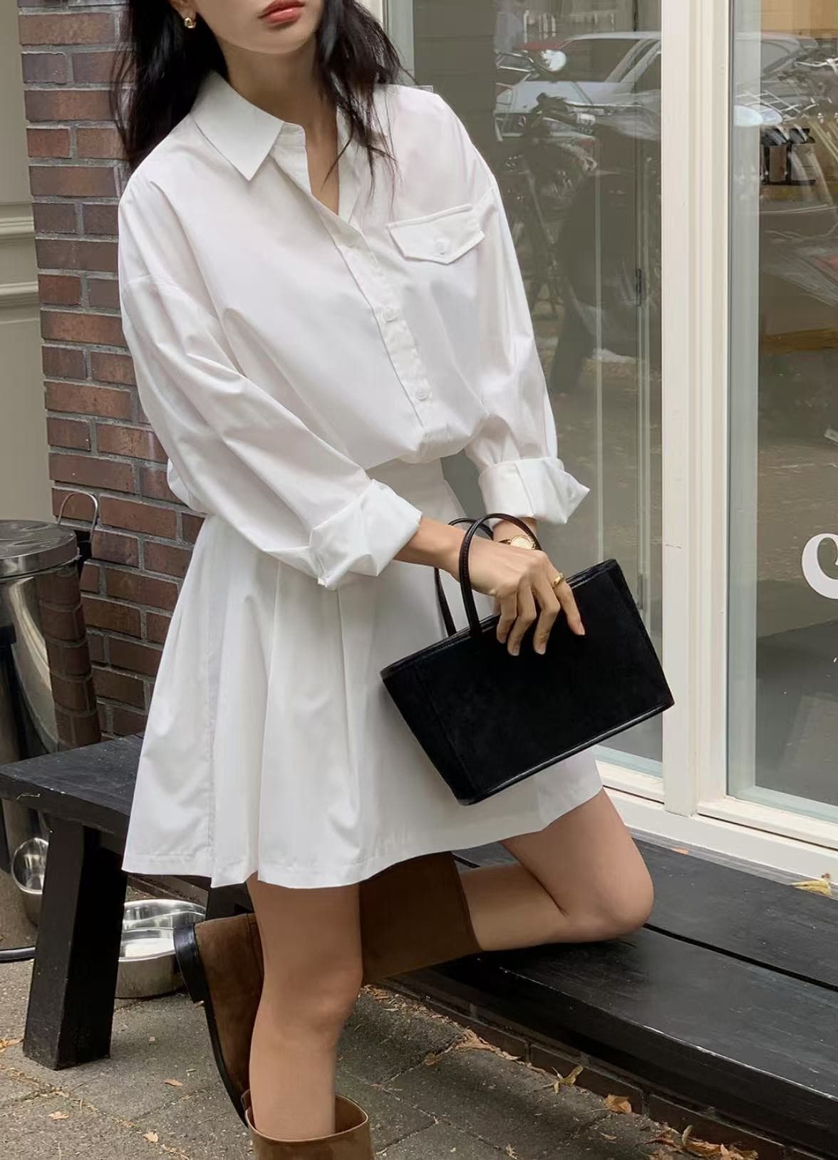 재고 있음 한국 chic 프랑스식 폴로 칼라 허리 수축 슬림해 보이는 긴팔 스트라이프 여성 드레스 상세 이미지 7