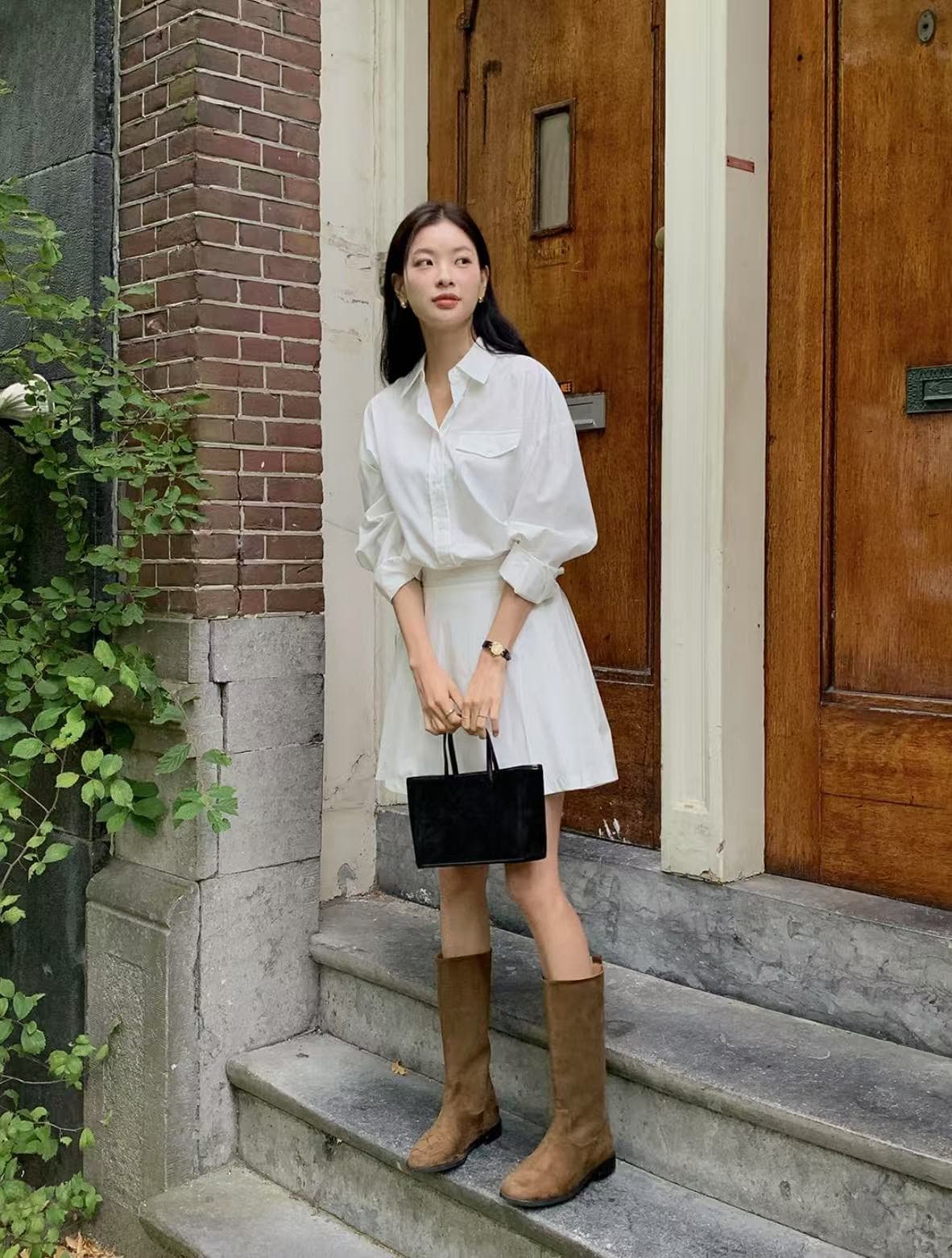 재고 있음 한국 chic 프랑스식 폴로 칼라 허리 수축 슬림해 보이는 긴팔 스트라이프 여성 드레스 상세 이미지 8