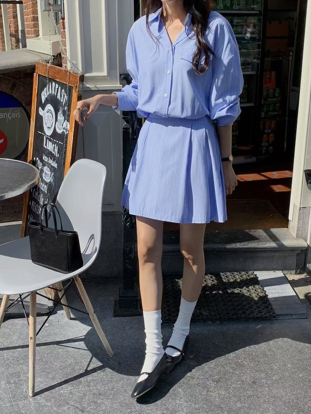 재고 있음 한국 chic 프랑스식 폴로 칼라 허리 수축 슬림해 보이는 긴팔 스트라이프 여성 드레스 상세 이미지 27