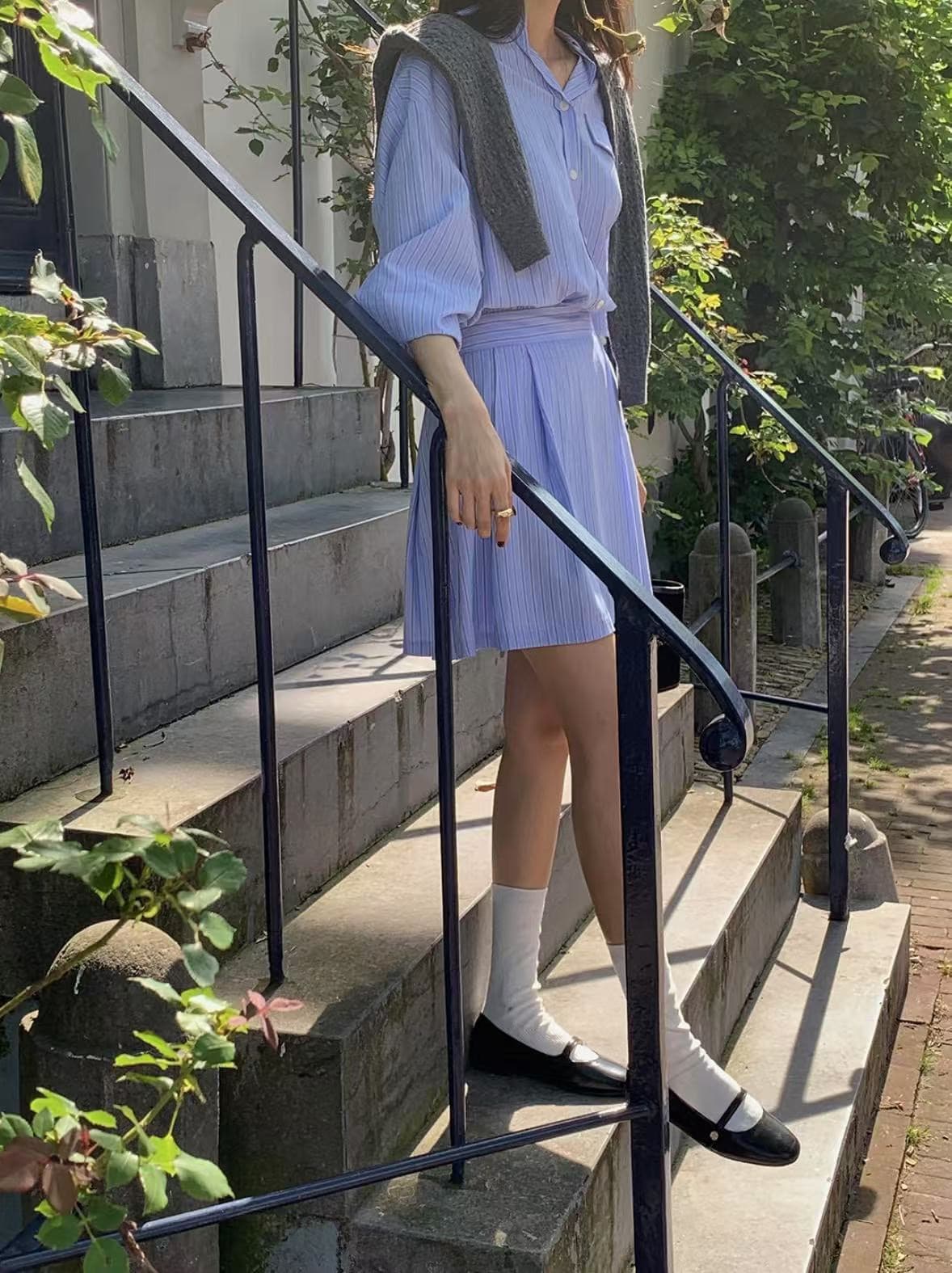 재고 있음 한국 chic 프랑스식 폴로 칼라 허리 수축 슬림해 보이는 긴팔 스트라이프 여성 드레스 상세 이미지 30