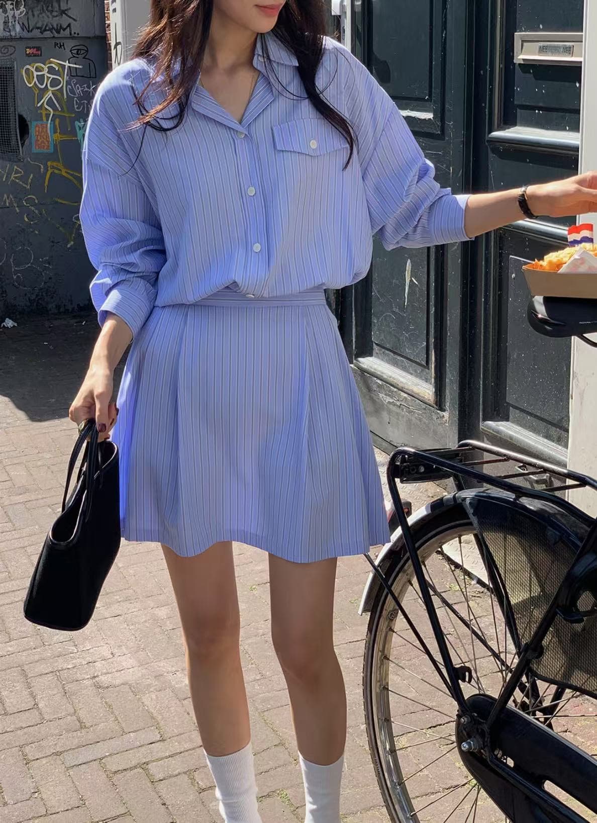 재고 있음 한국 chic 프랑스식 폴로 칼라 허리 수축 슬림해 보이는 긴팔 스트라이프 여성 드레스 상세 이미지 35