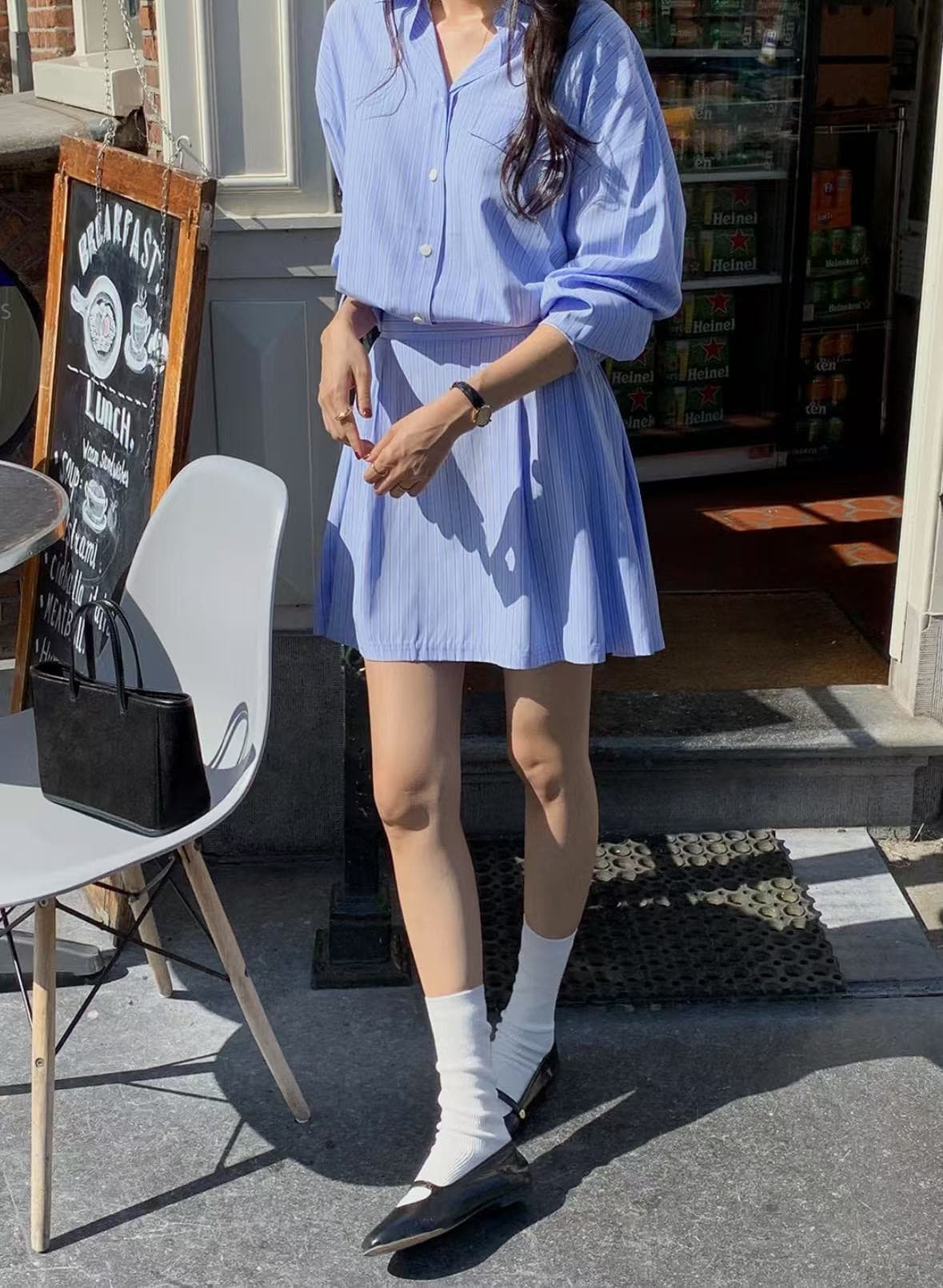 재고 있음 한국 chic 프랑스식 폴로 칼라 허리 수축 슬림해 보이는 긴팔 스트라이프 여성 드레스 상세 이미지 36
