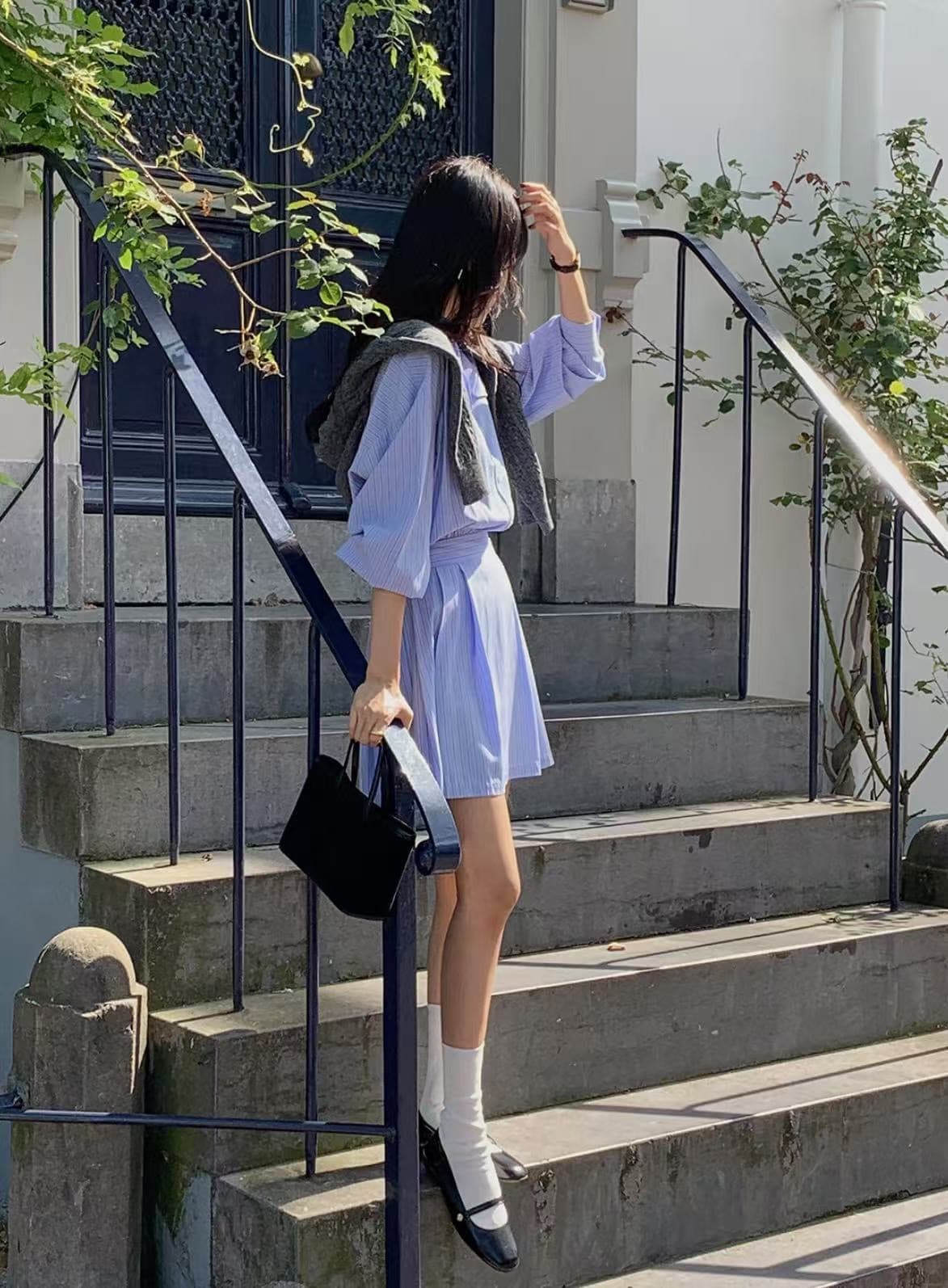재고 있음 한국 chic 프랑스식 폴로 칼라 허리 수축 슬림해 보이는 긴팔 스트라이프 여성 드레스 상세 이미지 41