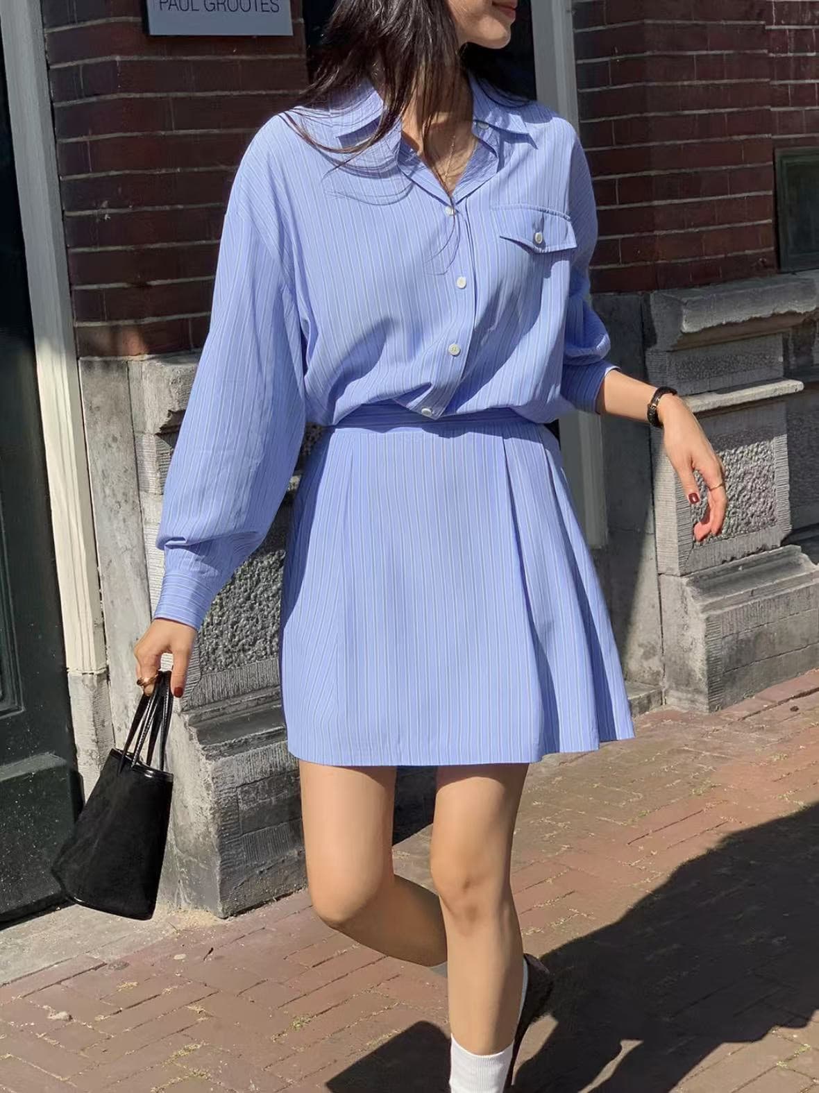 재고 있음 한국 chic 프랑스식 폴로 칼라 허리 수축 슬림해 보이는 긴팔 스트라이프 여성 드레스 상세 이미지 43