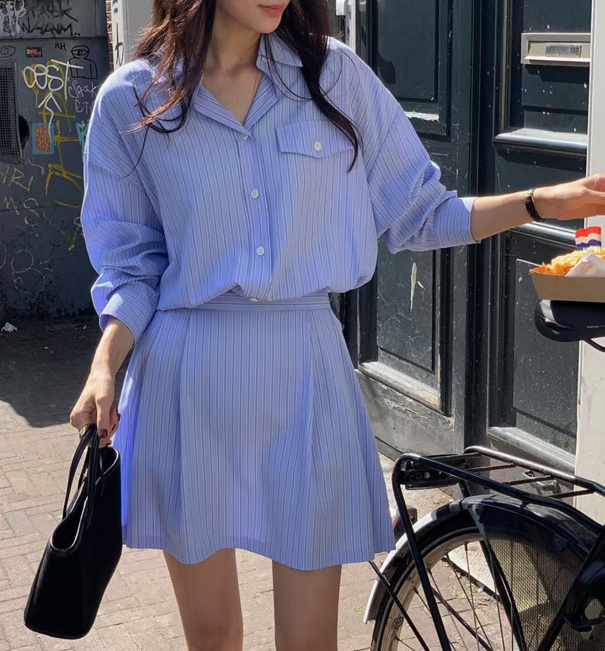 재고 있음 한국 chic 프랑스식 폴로 칼라 허리 수축 슬림해 보이는 긴팔 스트라이프 여성 드레스 상세 이미지 47