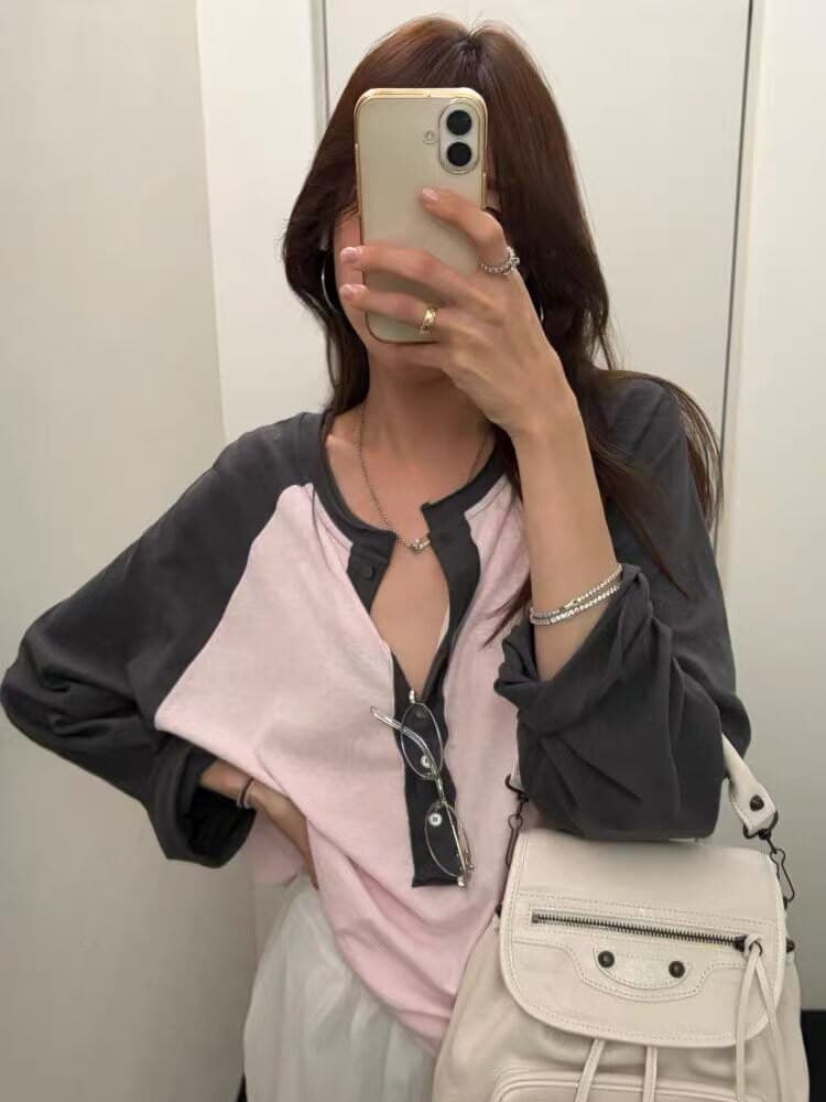 재고 있음 한국 동대문 느슨함 센스 느긋한 바람 얇은 스타일 배색 삽입 어깨 헨리 칼라 긴팔 티셔츠 여성 상세 이미지 1