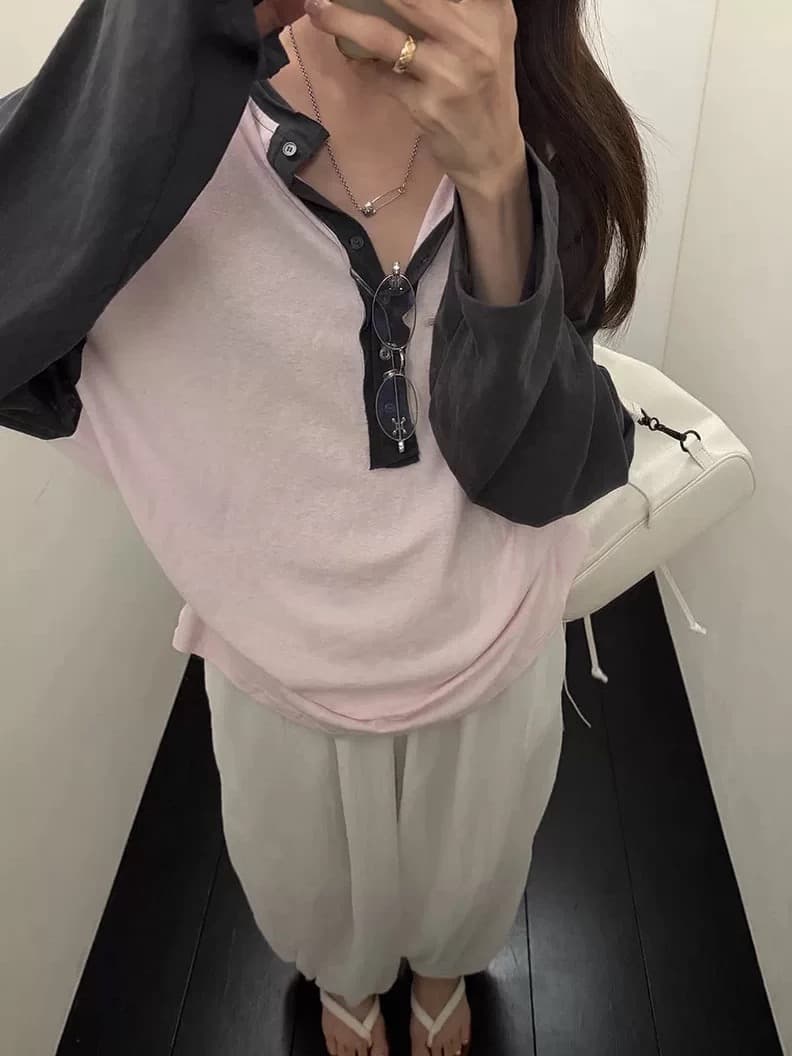 재고 있음 한국 동대문 느슨함 센스 느긋한 바람 얇은 스타일 배색 삽입 어깨 헨리 칼라 긴팔 티셔츠 여성 상세 이미지 13