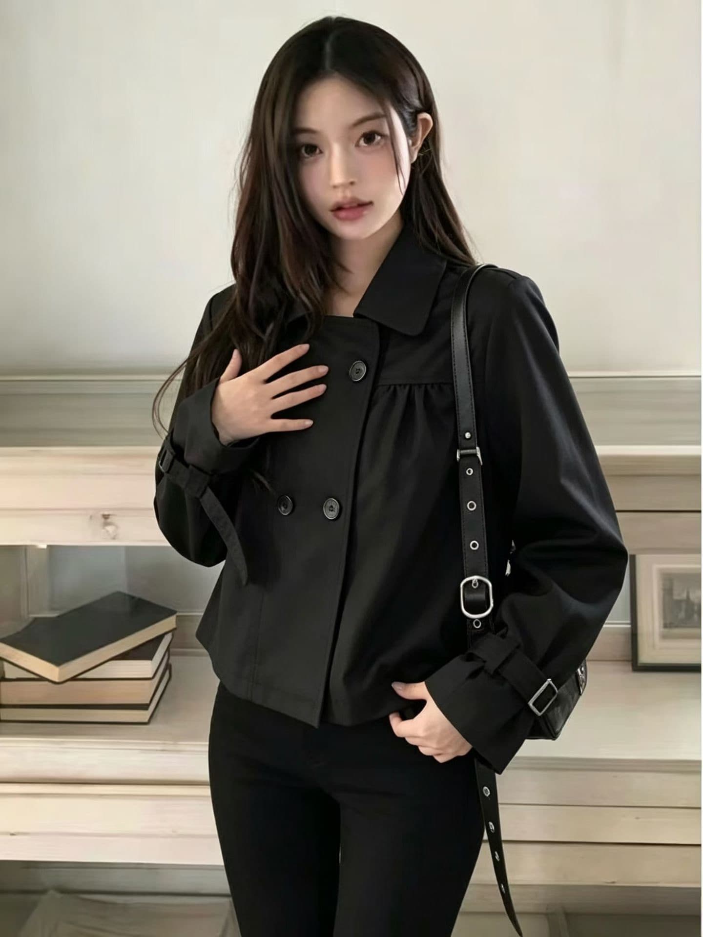 재고 있음 2026 가을 새로운 영국식 바람 이중 버튼 폴로 칼라 쇼트 스타일 긴팔 작은 바람 의류 여성 상세 이미지 22