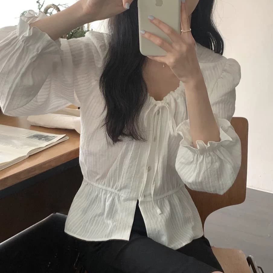 재고 있음 2026 한국 아메리칸 소녀 스트라이프 레이스업 루즈핏 느긋한 바람 셔츠 맨위 상세 이미지 10