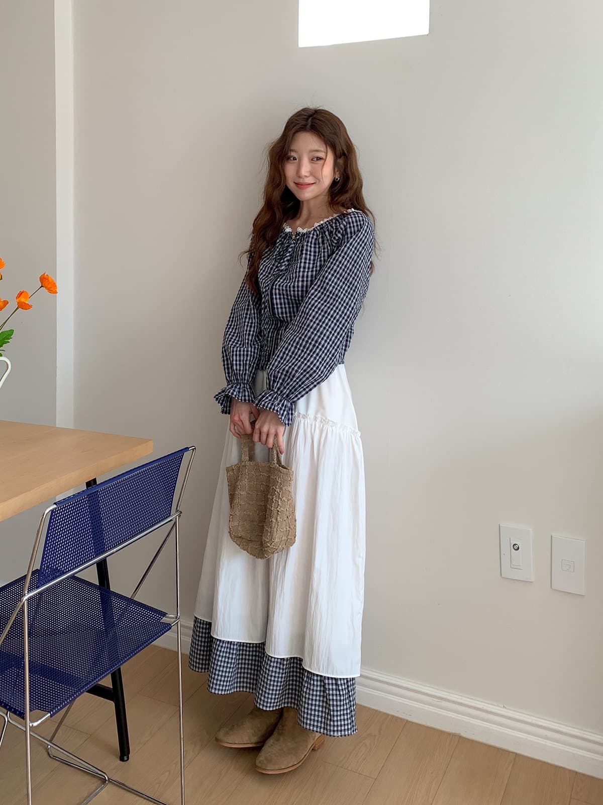 재고 있음 2026 디자인 센스 클래식 체크무늬 지퍼 나팔 소매 레이스 측면 순수한 욕망 바람 보트넥 셔츠 여성 상세 이미지 14