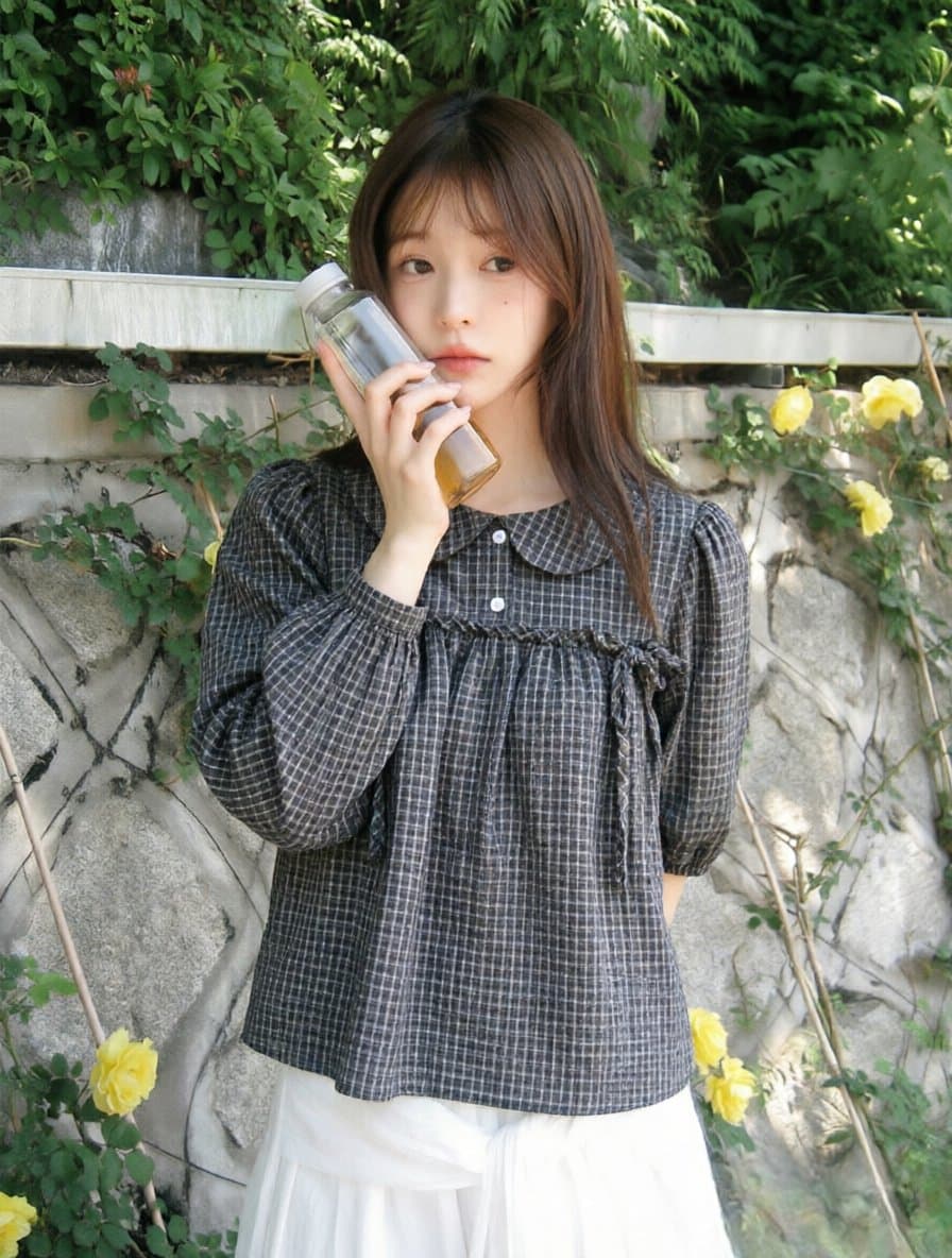 재고 있음 2026 이른 가을 새로운 연령 감소 체크무늬 베이비 칼라 긴팔 여성 셔츠 학원 스타일 나비 매듭 맨위 상세 이미지 1