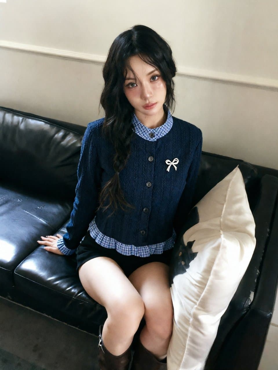 재고 있음 chic 2026 새로운 디자인 센스 패치워크 작은 키 프릴 짧은 맨위 상세 이미지 2