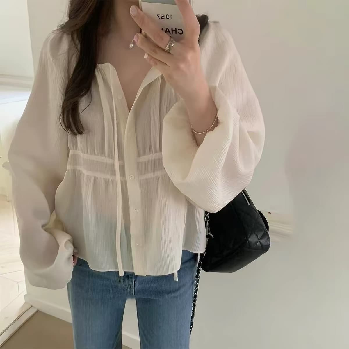 재고 있음 한국 chic 가을 느슨함 센스 주름 리본 라운드 넥 긴팔 셔츠 이미지 2