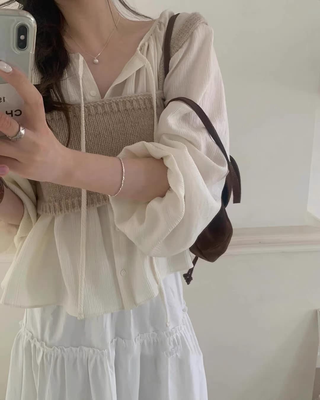 재고 있음 한국 chic 가을 느슨함 센스 주름 리본 라운드 넥 긴팔 셔츠 상세 이미지 1