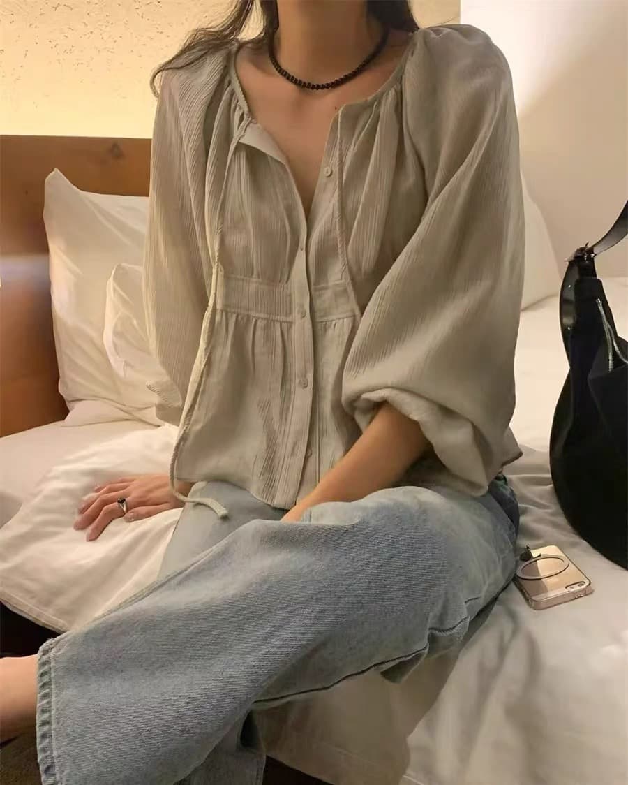 재고 있음 한국 chic 가을 느슨함 센스 주름 리본 라운드 넥 긴팔 셔츠 상세 이미지 7