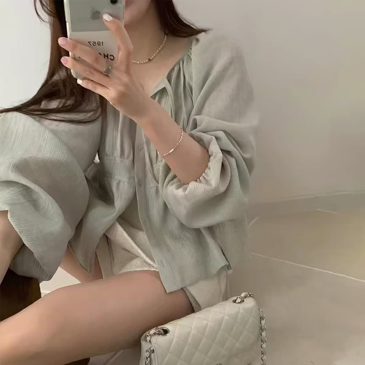 재고 있음 한국 chic 가을 느슨함 센스 주름 리본 라운드 넥 긴팔 셔츠 상세 이미지 8
