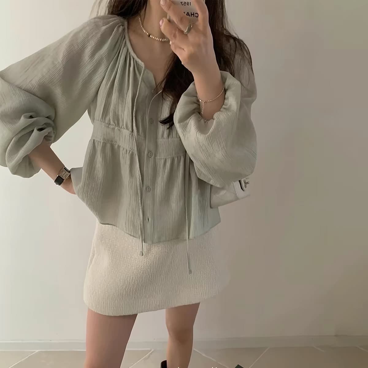 재고 있음 한국 chic 가을 느슨함 센스 주름 리본 라운드 넥 긴팔 셔츠 상세 이미지 10