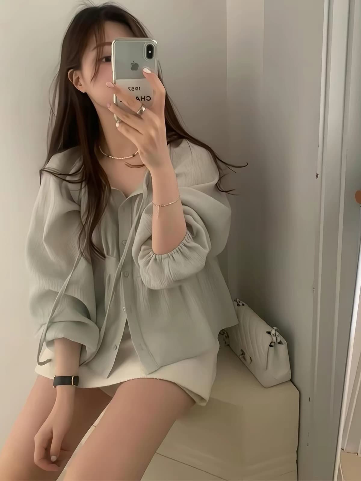재고 있음 한국 chic 가을 느슨함 센스 주름 리본 라운드 넥 긴팔 셔츠 상세 이미지 11