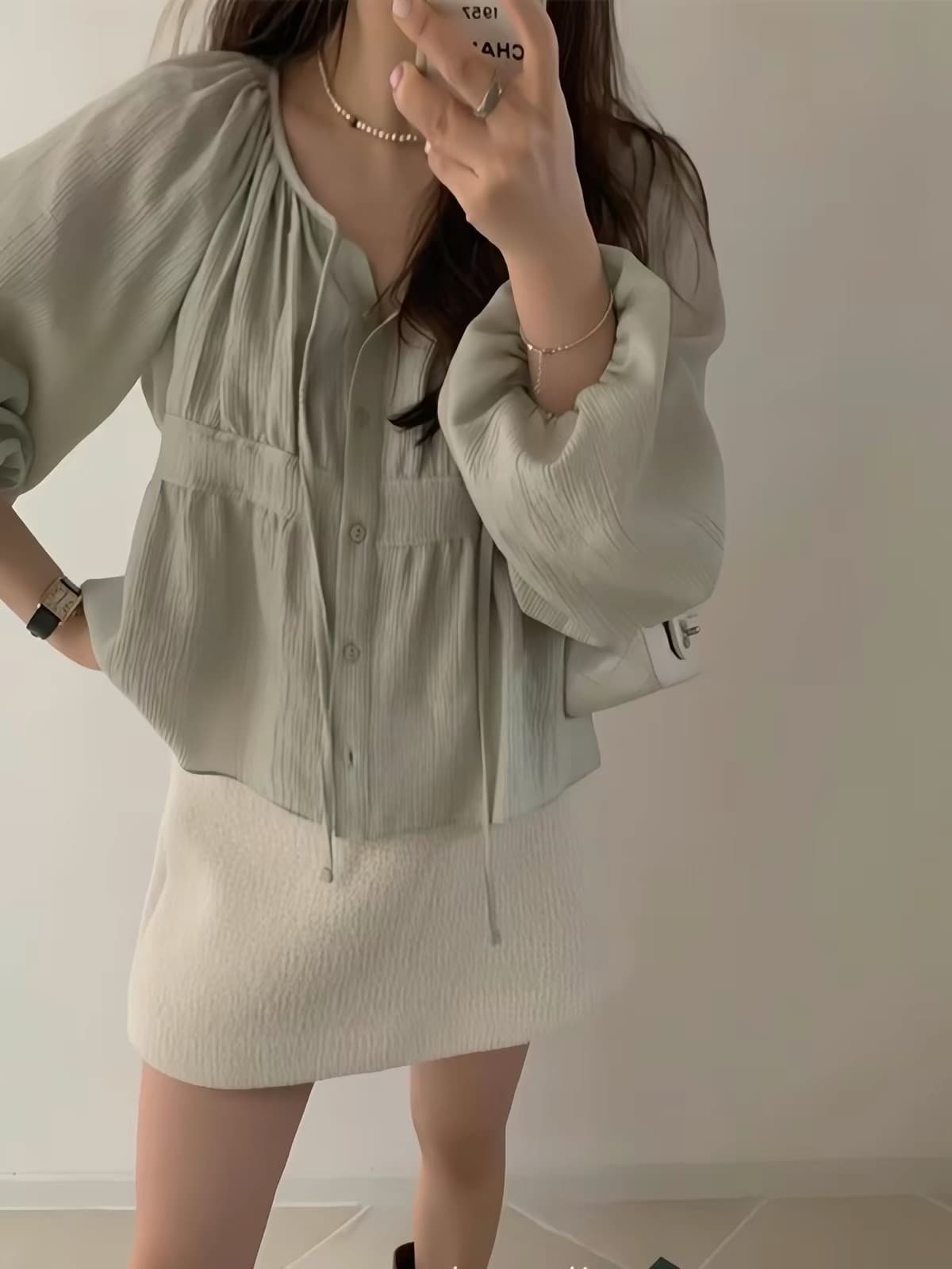 재고 있음 한국 chic 가을 느슨함 센스 주름 리본 라운드 넥 긴팔 셔츠 상세 이미지 16