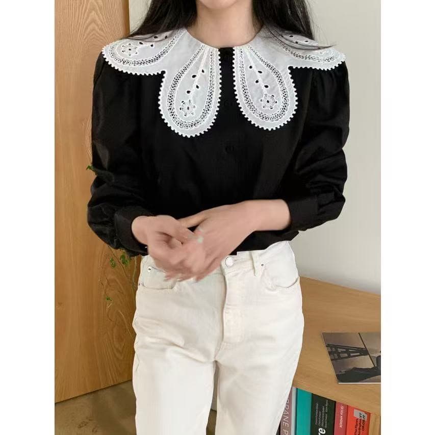 재고 있음 한국 chic 레트로 개성 불규칙 칼라 플라워 긴팔 셔츠 상세 이미지 13