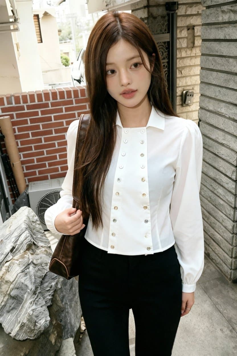 재고 있음 chic 가을 겨울 레트로 조개 이중 버튼 거품 소매 긍정적 인 어깨 허리 수축 슬림해 보이는 긴팔 셔츠