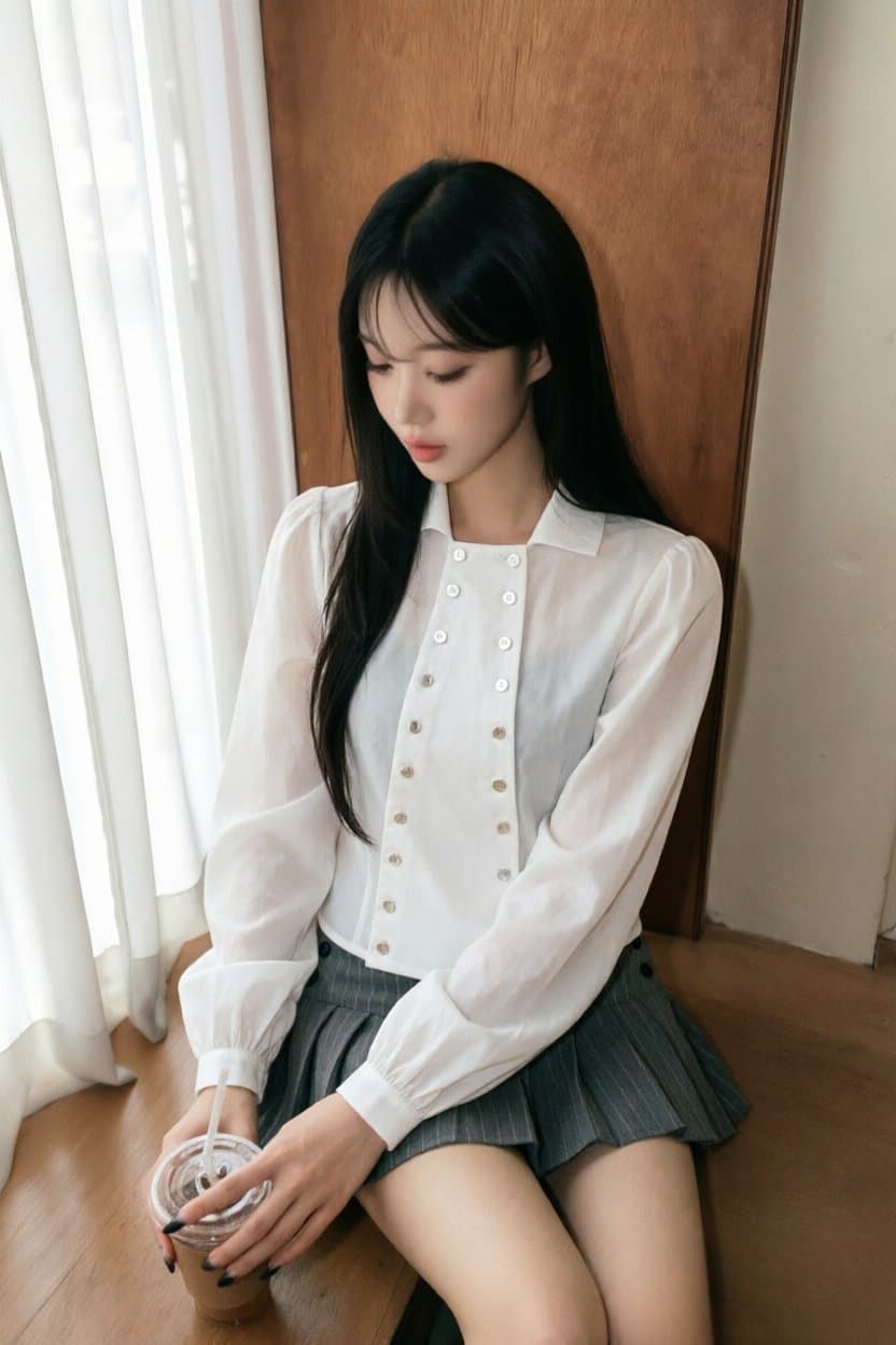 재고 있음 chic 가을 겨울 레트로 조개 이중 버튼 거품 소매 긍정적 인 어깨 허리 수축 슬림해 보이는 긴팔 셔츠 이미지 3